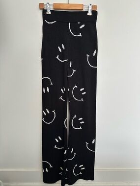 Simons Black Knit Straight-Leg Pants with White Smiley Pattern